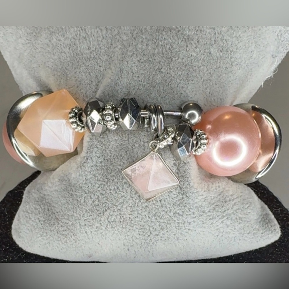 Bangle Pearl Beaded Charm Bracelet with Square Pendant